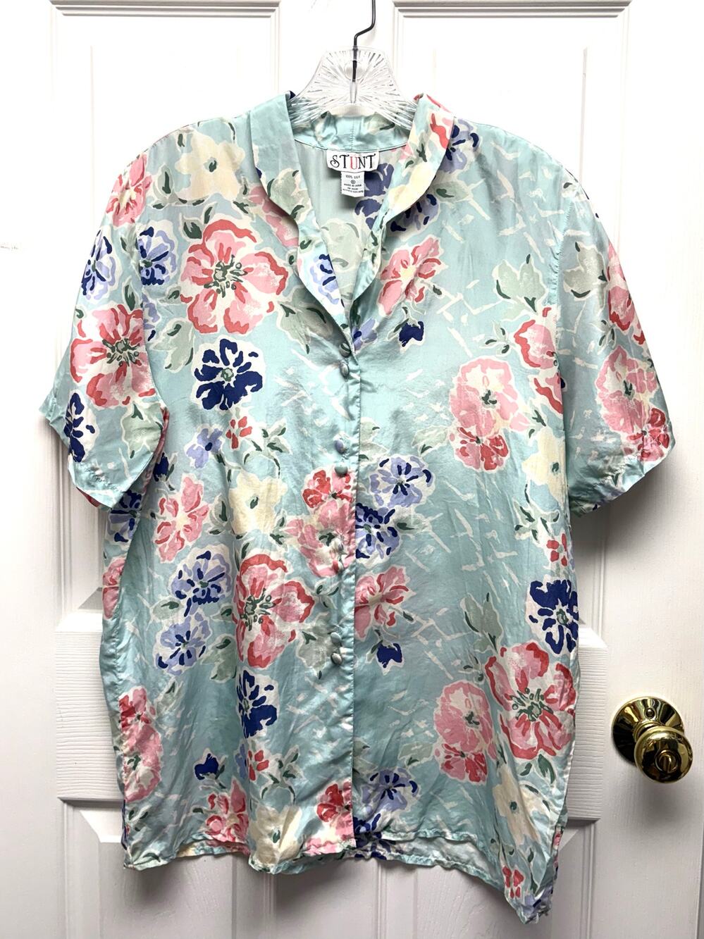 STUNT Blouse 100% Silk Floral Button Pastel Y2K Shoulder Pads Size M